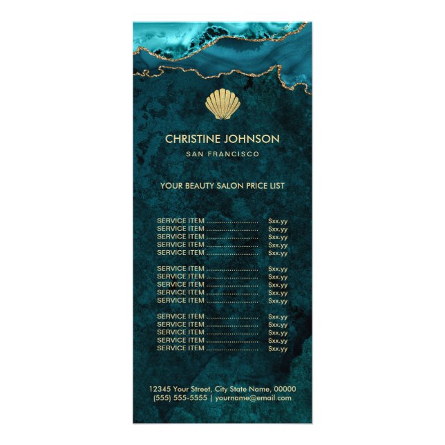 seashell logo price list on teal design rack card (Front)