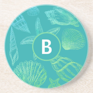 Seashell Monogram Name Blue Teal Beach Shell Round Coaster