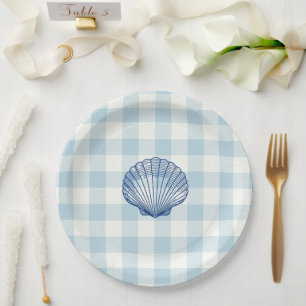 Seashell Nautical Blue Gingham Check Pattern Paper Plate