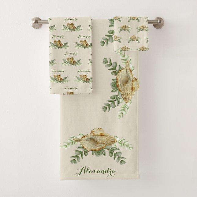 Seashell Nautical  Shells Eucalyptus Coastal  Bath Towel Set (Insitu)
