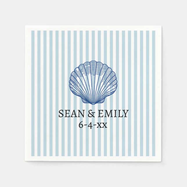 Seashell Painting Nautical Stripe Wedding Napkin (Front)