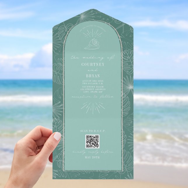Seashell Palm Aqua Beach Wedding QR Code RSVP All In One Invitation (Creator Uploaded)