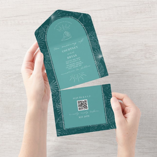 Seashell Palm Teal Beach Wedding QR Code RSVP All In One Invitation (Tearaway)