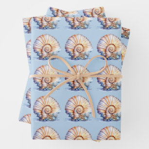 Seashell pattern blue ivory beach wedding wrapping paper sheet