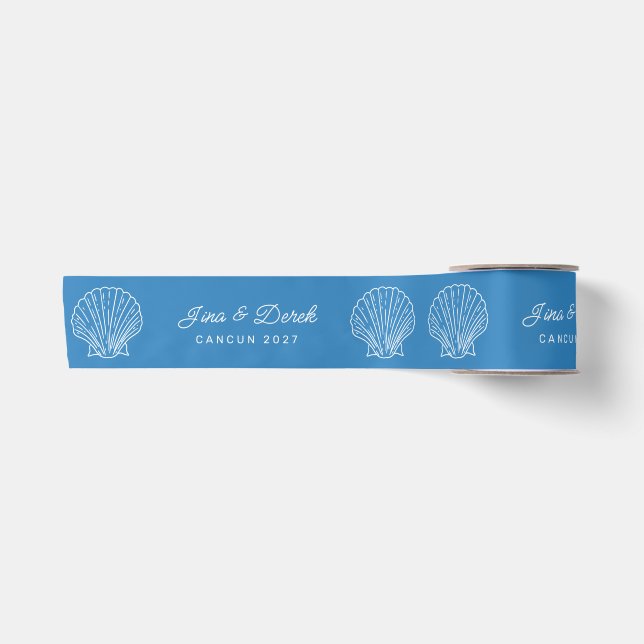 Seashell Patterned Custom Names Blue White Satin Ribbon (Front)