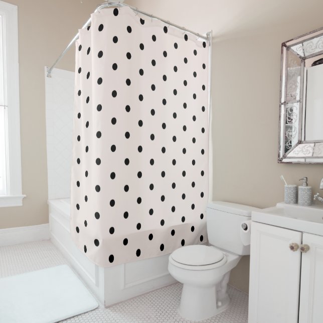 Seashell Peach Whimsical Black Polka Dot Shower Curtain (In Situ)