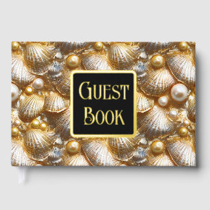 Seashell pearl real gold foil beach pattern clam  guest book