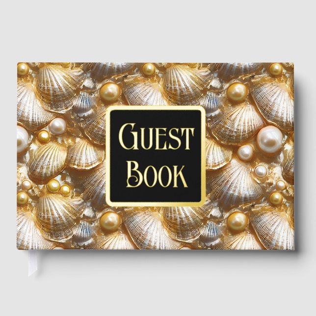 Seashell pearl real gold foil beach pattern clam  guest book (Front)