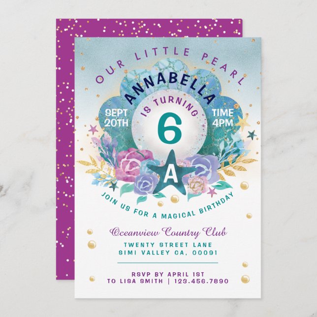 Seashell Pearl Under The Sea Birthday Invitation (Front/Back)