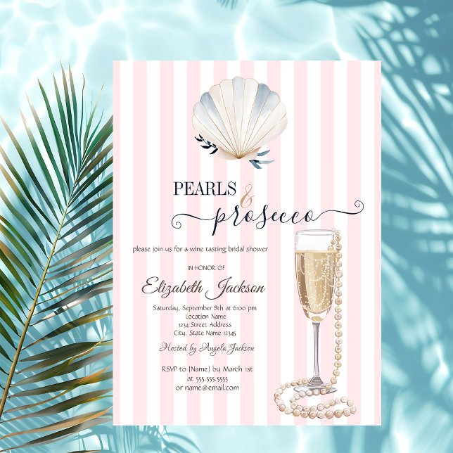 Seashell Pearls & Prosecco Pink Striped Invitation (Creator Uploaded)
