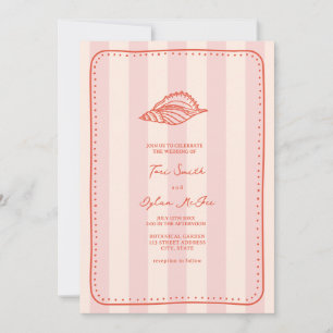 Seashell Pink Stripe Tropical Wedding Invitation