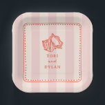 Seashell Pink Striped Tropical Beach Wedding Paper Plate<br><div class="desc">Red line art seashell illustration with red text and hand drawn dotted border over light pink stripe background.</div>