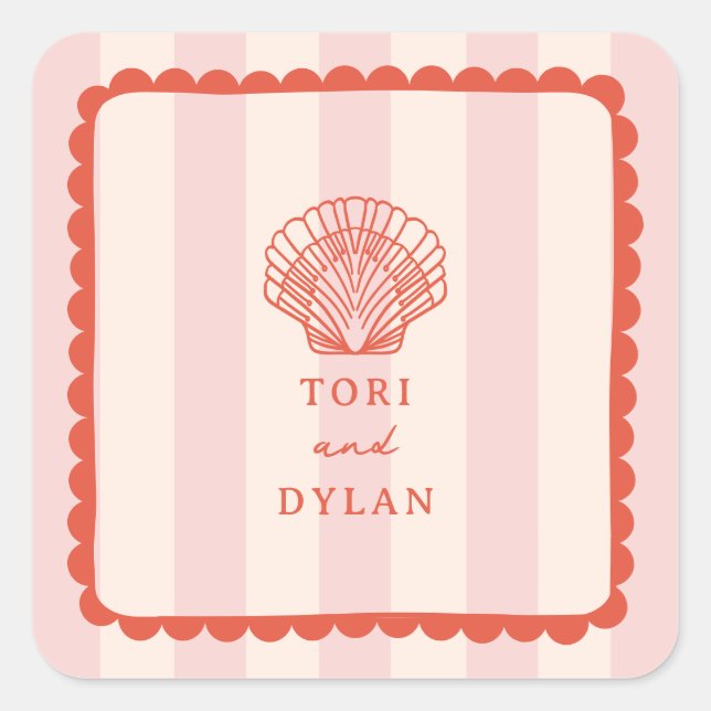 Seashell Pink Striped Tropical Beach Wedding Square Sticker (Front)