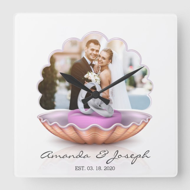 Seashell Rings Photo Wedding Gift Wall Clock (Front)