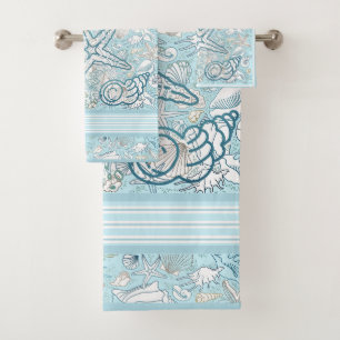 Seashell Scene with Blue Background Bath Towel Set