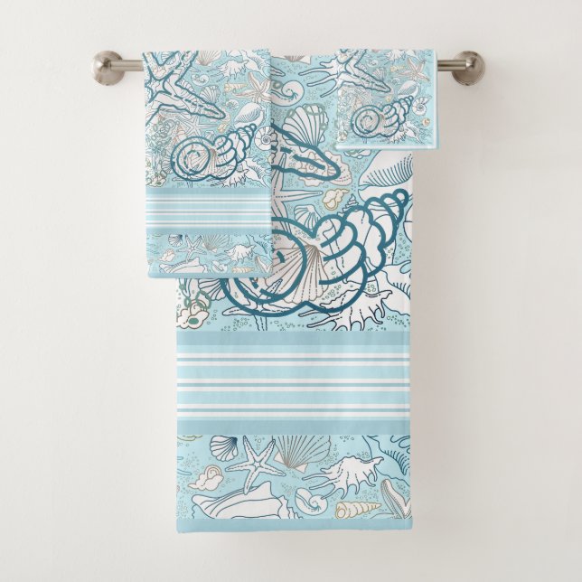 Seashell Scene with Blue Background Bath Towel Set (Insitu)