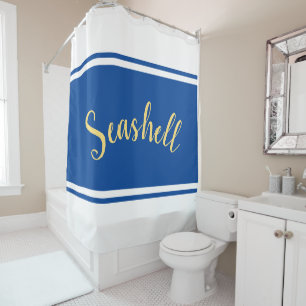 SEASHELL Script Royal Blue White Racing Stripes Shower Curtain
