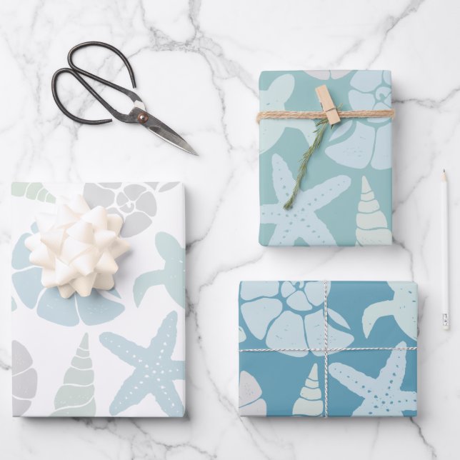 Seashell & Sea Turtle Pattern Wrapping Paper Sheet (Front)
