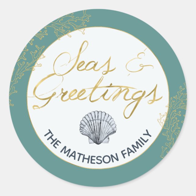 Seashell Seas & Greetings Coastal Holiday Envelope Classic Round Sticker (Front)