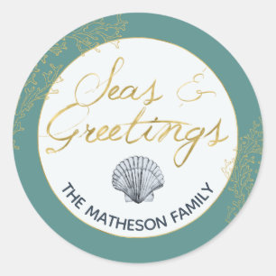 Seashell Seas & Greetings Coastal Holiday Envelope Classic Round Sticker