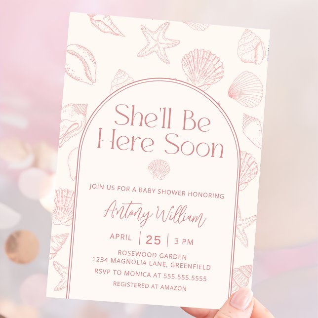 Seashell She'll Be Here Baby Shower Invitation (Creator Uploaded)