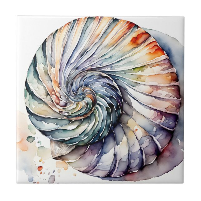 Seashell Shell Nautilus Design 357 Watercolor Ceramic Tile (Front)