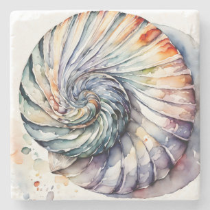 Seashell Shell Nautilus Design 357 Watercolor Stone Coaster