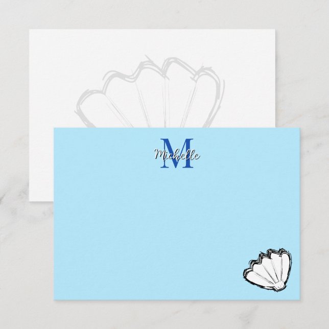Seashell Sketch White And Blue Monogram Card (Front/Back)
