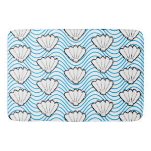Seashell Sketch White And Blue Wave Patterns Bath Mat