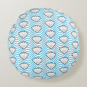 Seashell Sketch White And Blue Wave Patterns Round Cushion