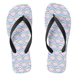 Seashell Sketch White And Blue Wave Patterns Thongs