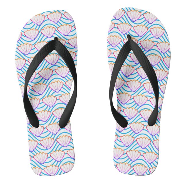 Seashell Sketch White And Blue Wave Patterns Thongs (Footbed)