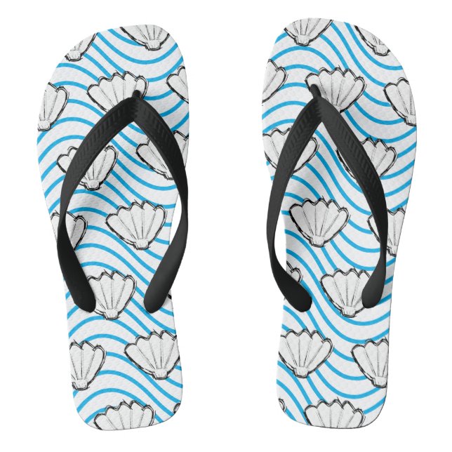 Seashell Sketch White And Blue Wave Patterns Thongs (Footbed)