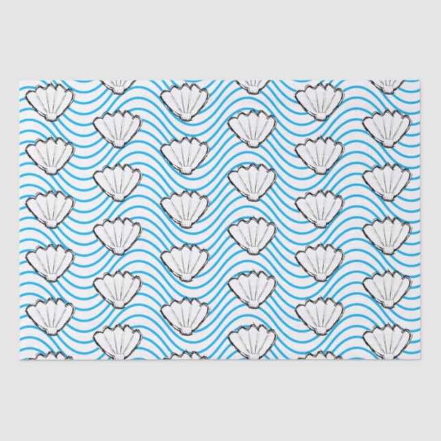 Seashell Sketch White And Blue Wave Patterns Tissue Paper (Front)