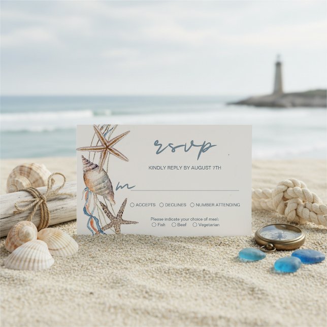 Seashell Starfish Beach Wedding Meal Choice RSVP Card (Creator Uploaded)