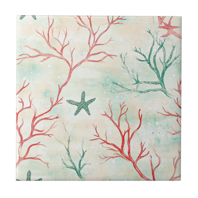 Seashell Starfish Coastal Pattern Ceramic Tile (Front)