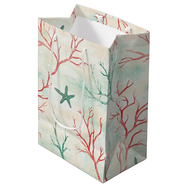 Seashell Starfish Coastal Pattern Medium Gift Bag (Front Angled)