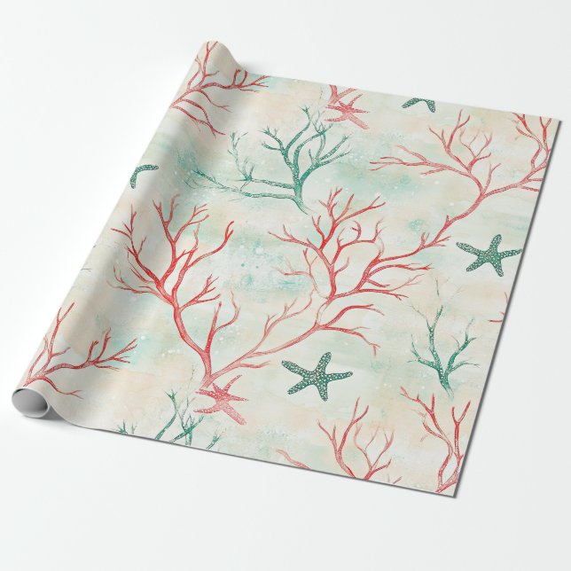 Seashell Starfish Coastal Pattern Wrapping Paper (Unrolled)