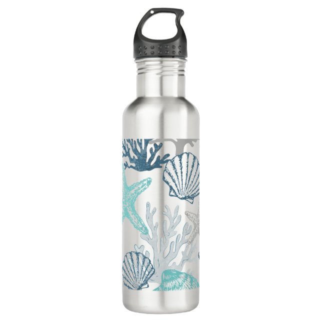 Seashell Starfish Pattern Blue And Teal 710 Ml Water Bottle (Front)
