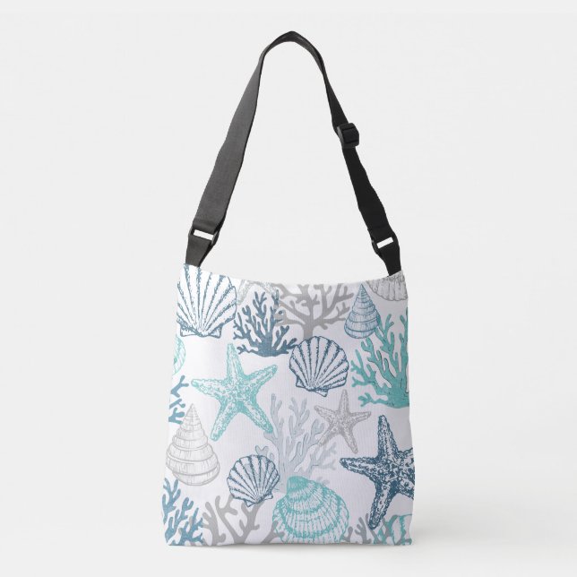 Seashell Starfish Pattern Blue And Teal Crossbody Bag (Front)