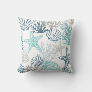 Seashell Starfish Pattern Blue And Teal Cushion