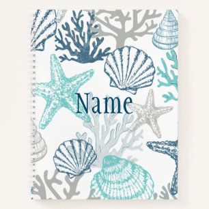 Seashell Starfish Pattern Blue And Teal Name Notebook