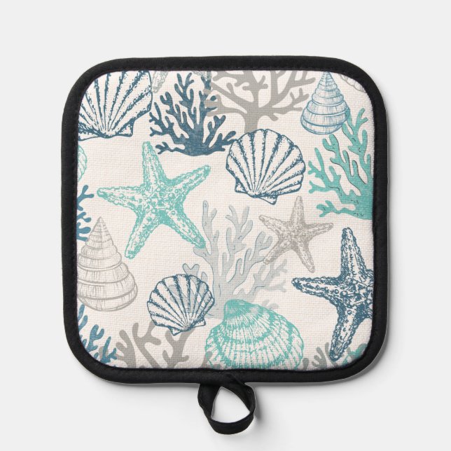 Seashell Starfish Pattern Blue And Teal Pot Holder (Front)