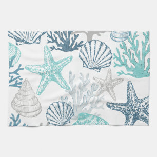 Seashell Starfish Pattern Blue And Teal Tea Towel