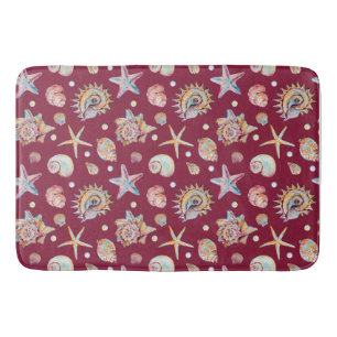 Seashell & Starfish Pattern on Maroon Background Bath Mat