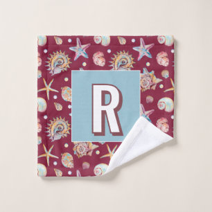 Seashell & Starfish Pattern on Maroon Background Bath Towel Set