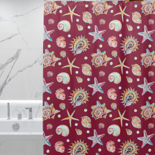 Seashell & Starfish Pattern on Maroon Background Shower Curtain