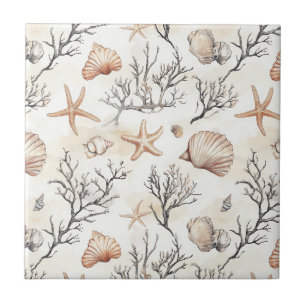 Seashell Starfish Terracotta Ivory Coastal Ceramic Tile
