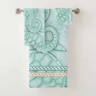 Seashell Starfish Turtle Watercolor Aqua ID751 Bath Towel Set