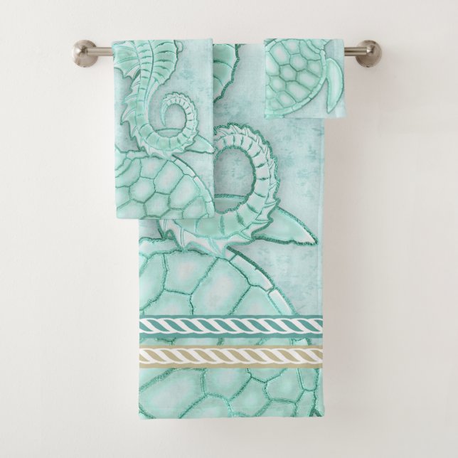 Seashell Starfish Turtle Watercolor Aqua ID751 Bath Towel Set (Insitu)